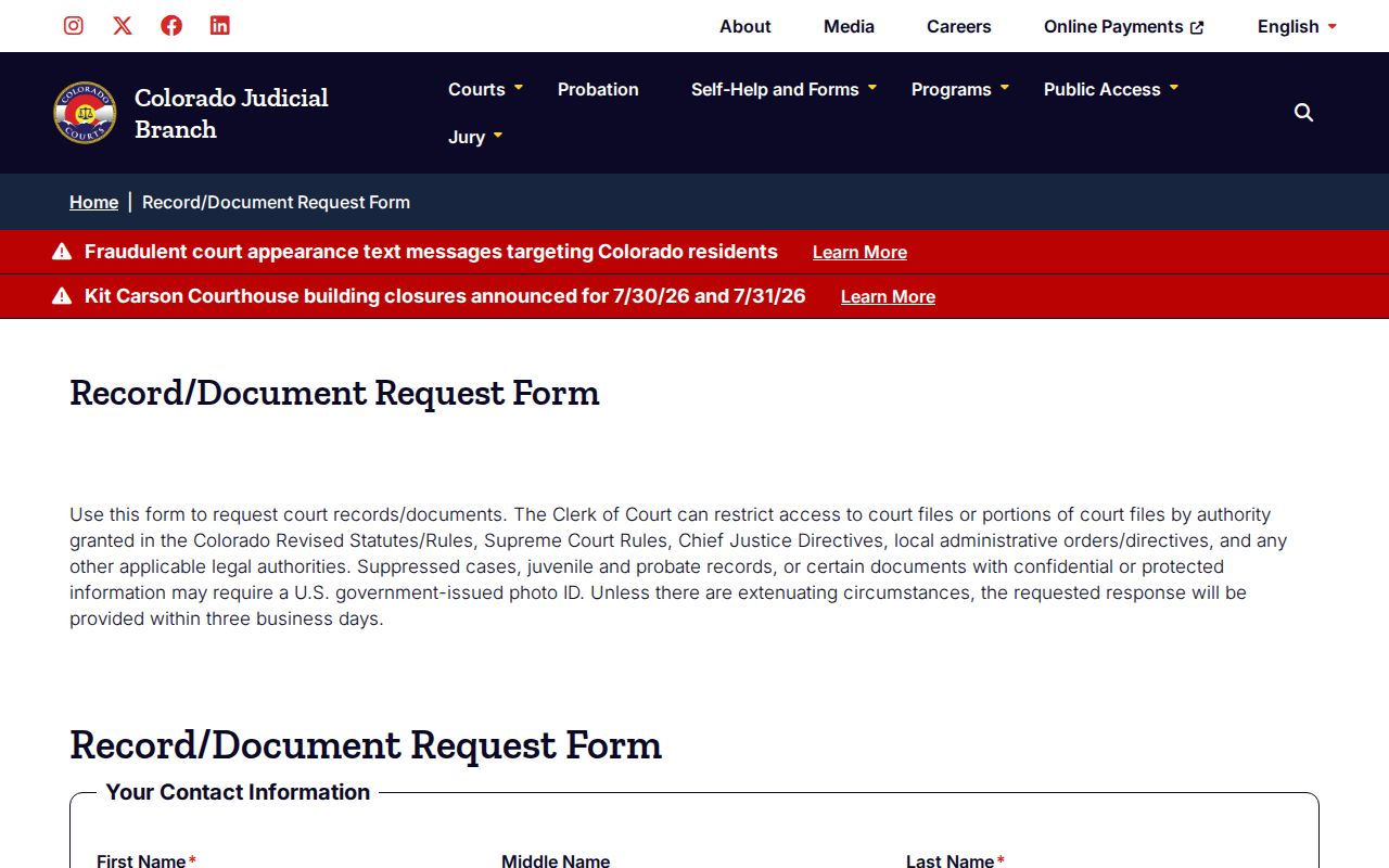 Colorado court document request form used for Larimer County criminal files