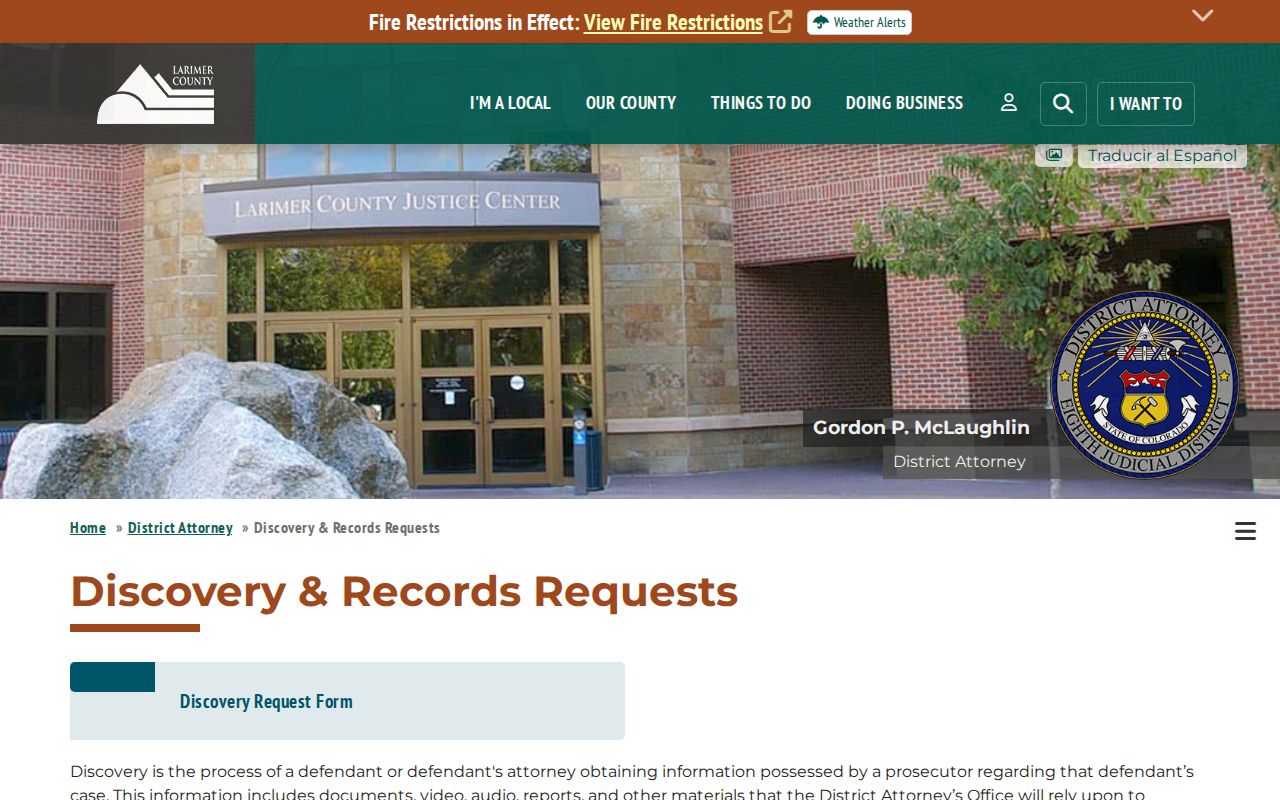 Larimer County District Attorney discovery request information