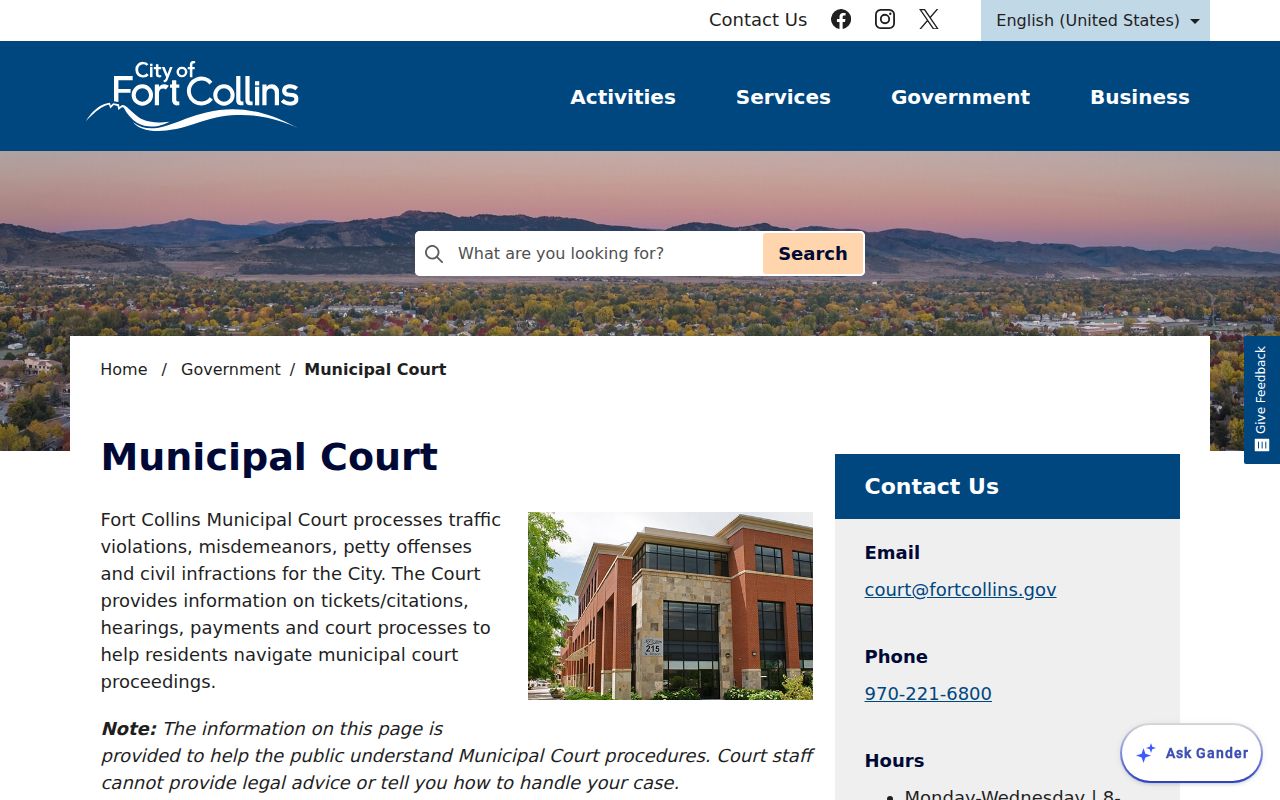 Fort Collins Municipal Court official page