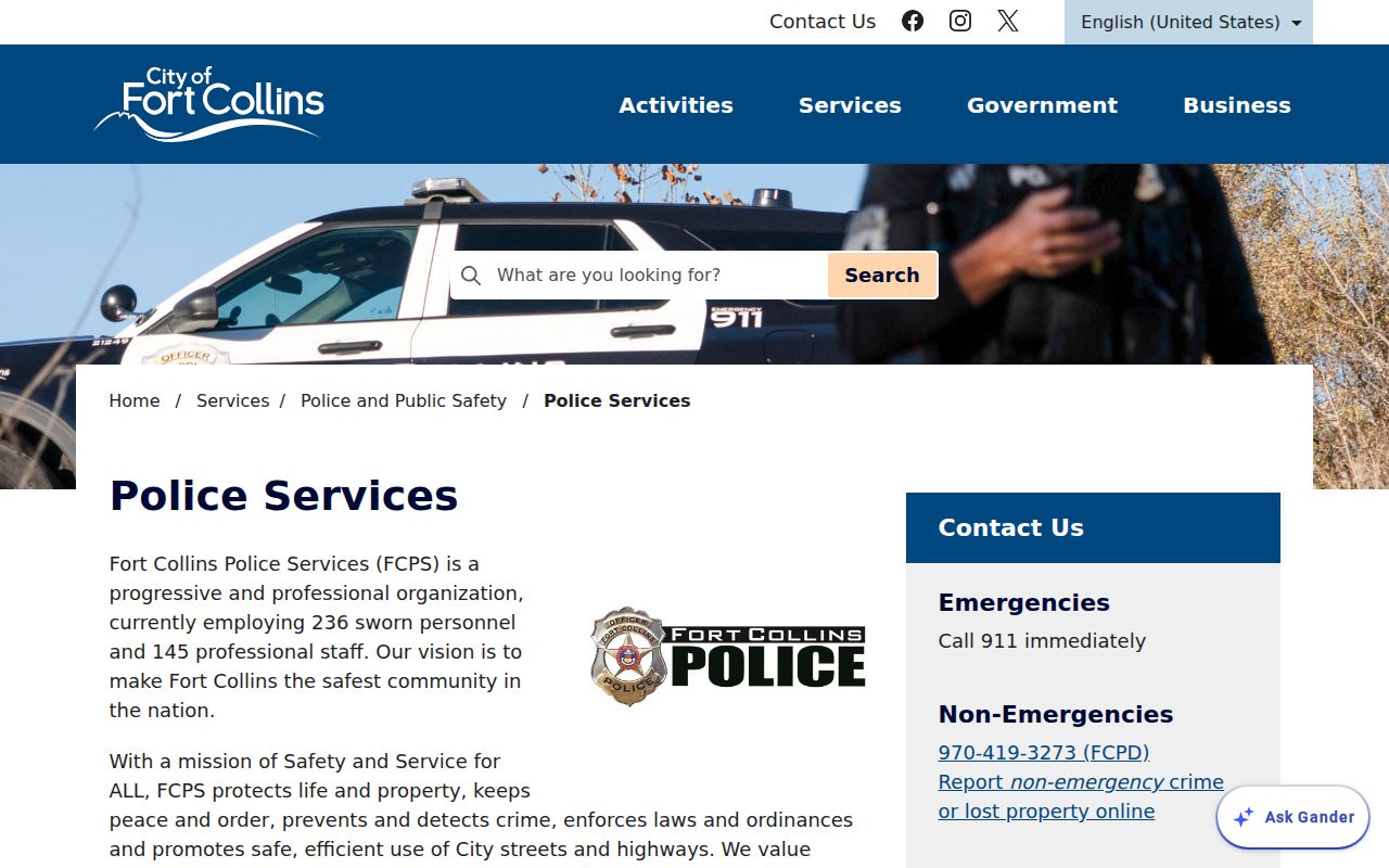 Fort Collins Police Services official department page
