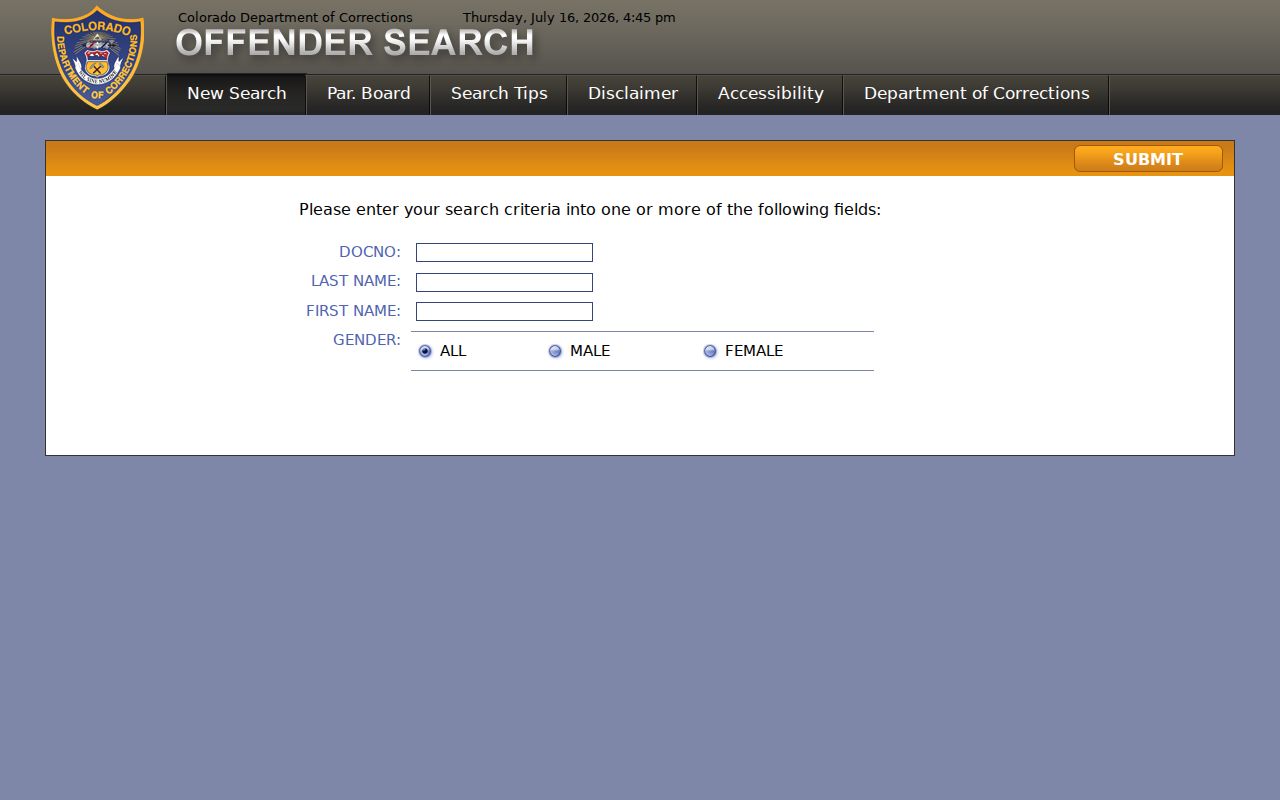 Larimer County criminal custody lookup through CDOC Offender Search