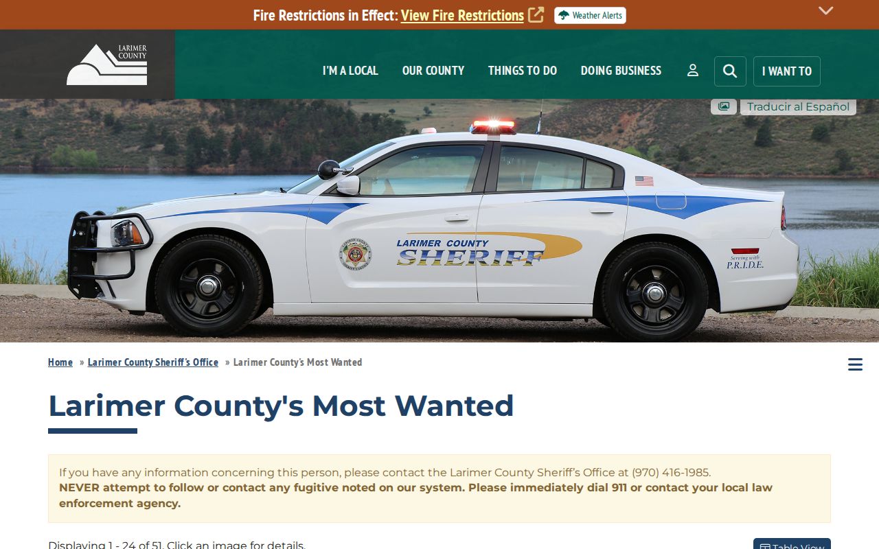 Larimer County criminal warrant selected fugitive table